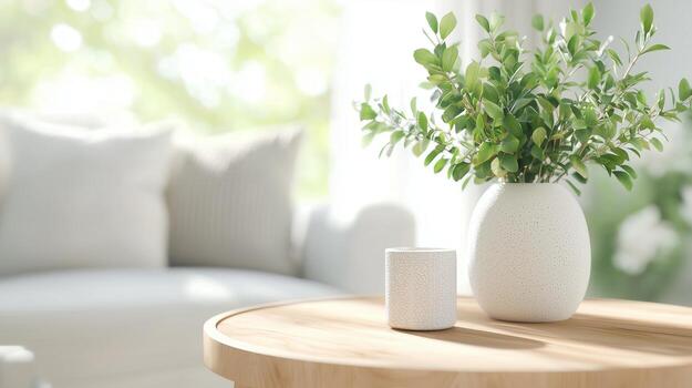 un brillante vivo habitación escena presentando un florero con verdor en un de madera mesa, agregando un toque de frescura a el espacio. foto