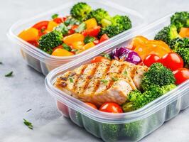 Meal prep containers with portion-controlled meals, weight loss planning. photo