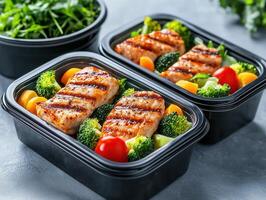 Meal prep containers with portion-controlled meals, weight loss planning. photo