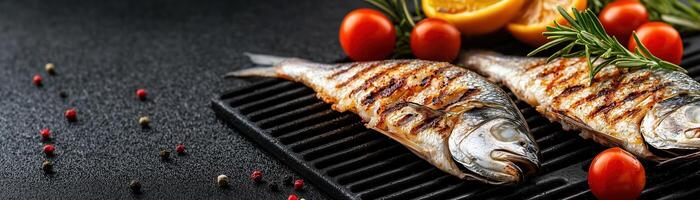 Fresh fish and vegetables on a grill, healthy cooking method. photo