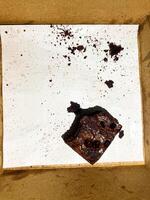 A lone piece of chocolate brownie in an empty box, surrounded by crumbs, representing the last sweet bite photo