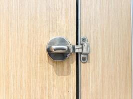 Minimalist stainless steel door latch on a wood-textured door, great for architecture, home improvement, and security topics photo
