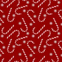 Candy cane with snowflakes seamless pattern on red background vector