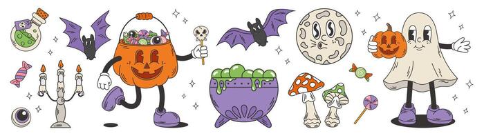 Retro groovy Halloween set of Characters. Ghost, scary moon, Pumpkin head with candy, Bats. Isolated design elements. vector