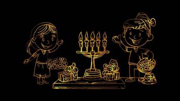 Neon glow effect Hanukkah Lights A menorah with lit candles on black background video