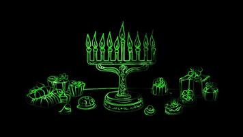 Neon glow effect Hanukkah Lights A menorah with lit candles on black background video