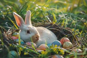 A white rabbit is sitting in a nest with colorful eggs photo
