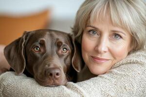 A woman and her brown dog enjoy a cozy moment together photo