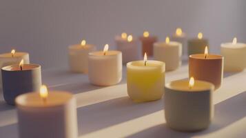 Numerous vibrant small candles casting long shadows on a white surface photo