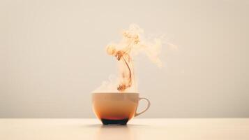 Steaming coffee cup on white table creates cozy, warm atmosphere, perfect for morning break photo