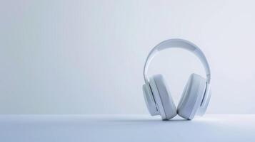 Modern white wireless headphones displayed on a table with a light blue background photo