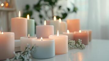 Collection of softly colored candles alight on a table, casting a warm and inviting glow photo