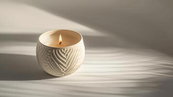 Soothing ambiance created by a softly lit white scented candle on a white background photo