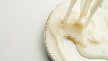Smooth and luxurious thick white cream being poured into a container against a clean background, perfect for beauty, skincare, or dairy product concepts photo