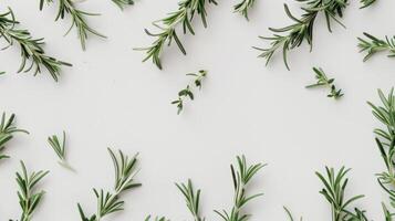 Rosemary and thyme sprigs forming a border on a white background with space for text in the center photo