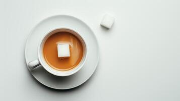 Coffee cup with a dissolving sugar cube, representing the sweetness and allure of caffeine photo