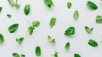 Fresh mint leaves arranged in a beautiful pattern on a clean white background photo