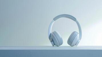Modern wireless headphones with noise cancellation, standing on a table in a bright photo