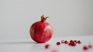 Red pomegranate fruit sits alone on a white surface, surrounded by scattered seeds photo