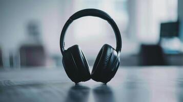 Blurred office background with black noise cancelling headphones placed on a table photo