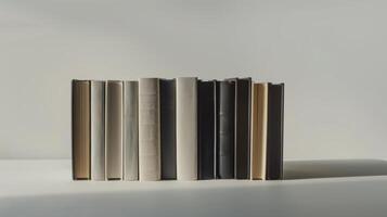 Row of old books is standing on a shelf with a white background photo