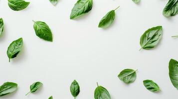 Fresh green basil leaves forming a frame on a white background, perfect for food-related designs photo