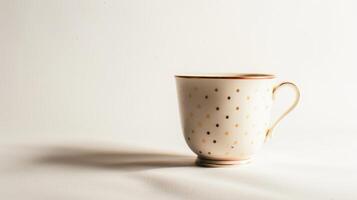 Sophisticated gold-speckled teacup casts a gentle shadow on a clean white backdrop photo
