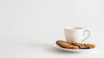 Image of a white coffee cup on a white surface with two whole grain cookies on a plate photo