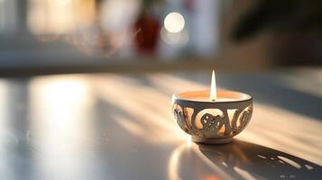 Morning sunlight casts shadows from a burning white candle in an elaborate holder onto the table photo