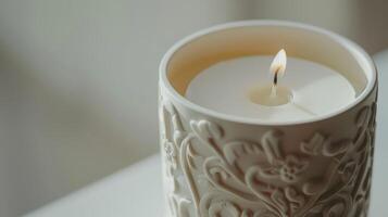 Beautiful white candle glowing in a jar with elegant floral relief. photo