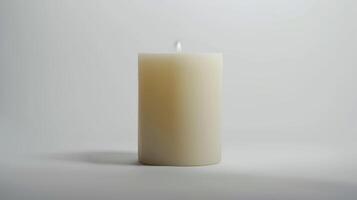Single white unscented pillar candle is burning on a white background casting a warm glow photo
