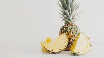 Fresh pineapple slices with juicy yellow flesh, isolated on a white background photo