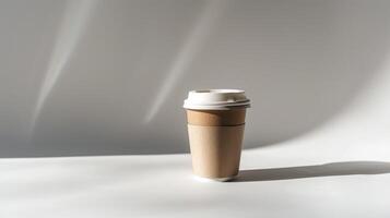 Disposable coffee cup stands on a white surface, casting shadows in the window light photo