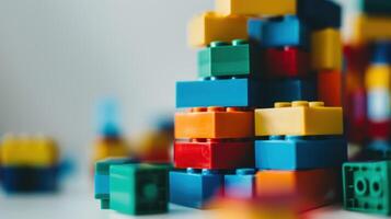 Vibrant toy blocks piled high to form a tall and lively structure on a blank backdrop photo