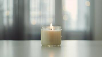 Glowing scented candle in a glass sits on a table, adding warmth to a well-lit room photo