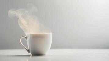 Steaming white coffee cup on gray table, cozy atmosphere photo