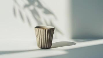 Single handmade ceramic cup in minimalist composition, with sunlight creating shadows photo