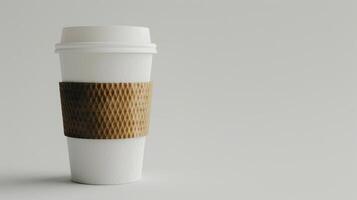 White disposable coffee cup with a cardboard sleeve is placed on a white surface photo