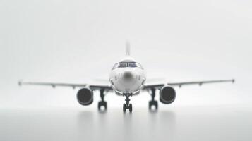 Small white airplane model on a clean white background in a studio setting, photo