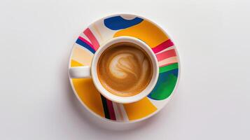 Start your day with a vibrant cup of coffee featuring latte art, resting on a colorful saucer photo