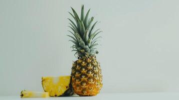 Whole pineapple with sliced pieces on a white table against a simple backdrop photo