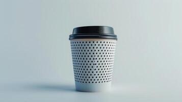 Black dotted pattern disposable coffee cup with black lid on white background photo