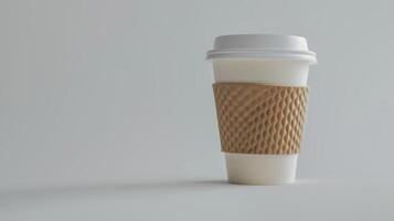 White disposable coffee cup with a cardboard sleeve on a pristine white surface photo