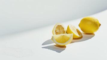 Yellow lemon and slices creating shadows on a white surface. photo