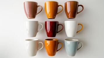Square of nine vibrant coffee mugs creates a contemporary and chic look against a white backdrop photo