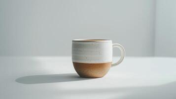 In a modern and bright setting, a simple white and brown ceramic mug is casting a shadow photo