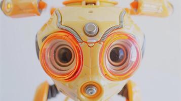 Vibrant yellow robot with large orange eyes gazes intensely, embodying cutting-edge technology. photo