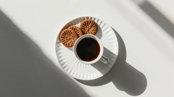 Steamy black coffee in a white mug resting on a saucer with cookies nearby photo
