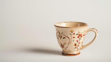 Teacup with floral pattern on white background, symbolizing simplicity and elegance in its emptiness photo