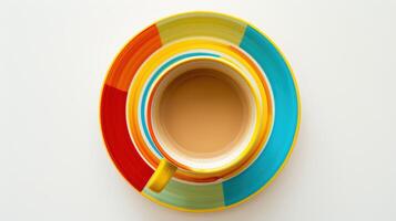 Vibrant coffee cup and saucer filled with coffee, set against a white backdrop photo